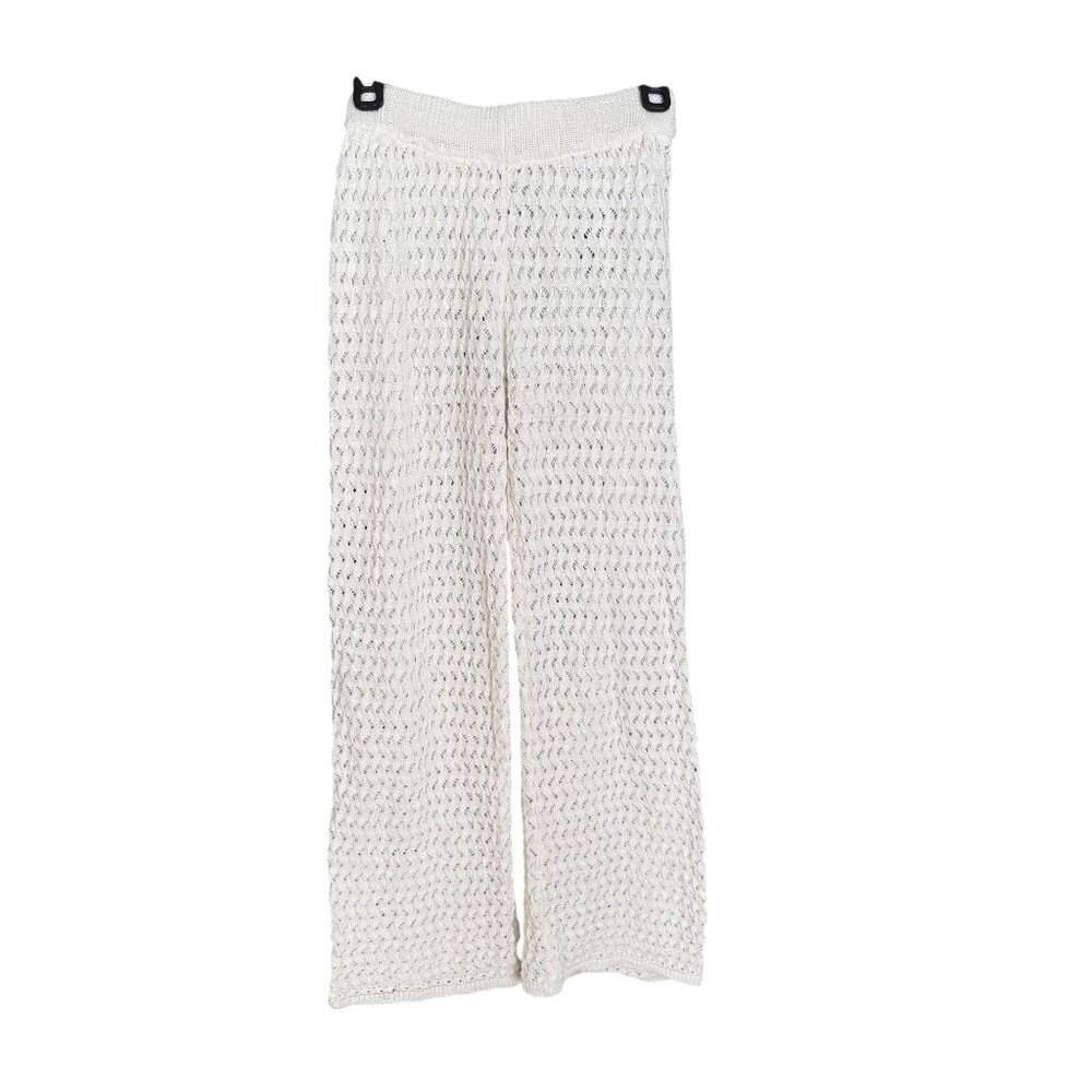 Crochet Knit Wide-Leg Pants Creamy White High-Waist Womens Breathable Beachwear